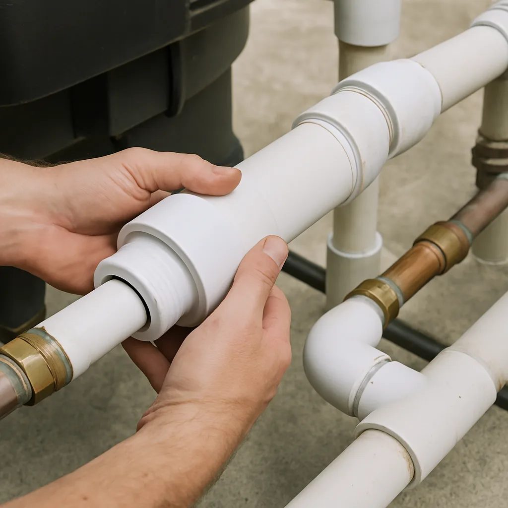 Shows the specific step-by-step installation detail  -  the salt cell being fitted inline downstream of the heater.