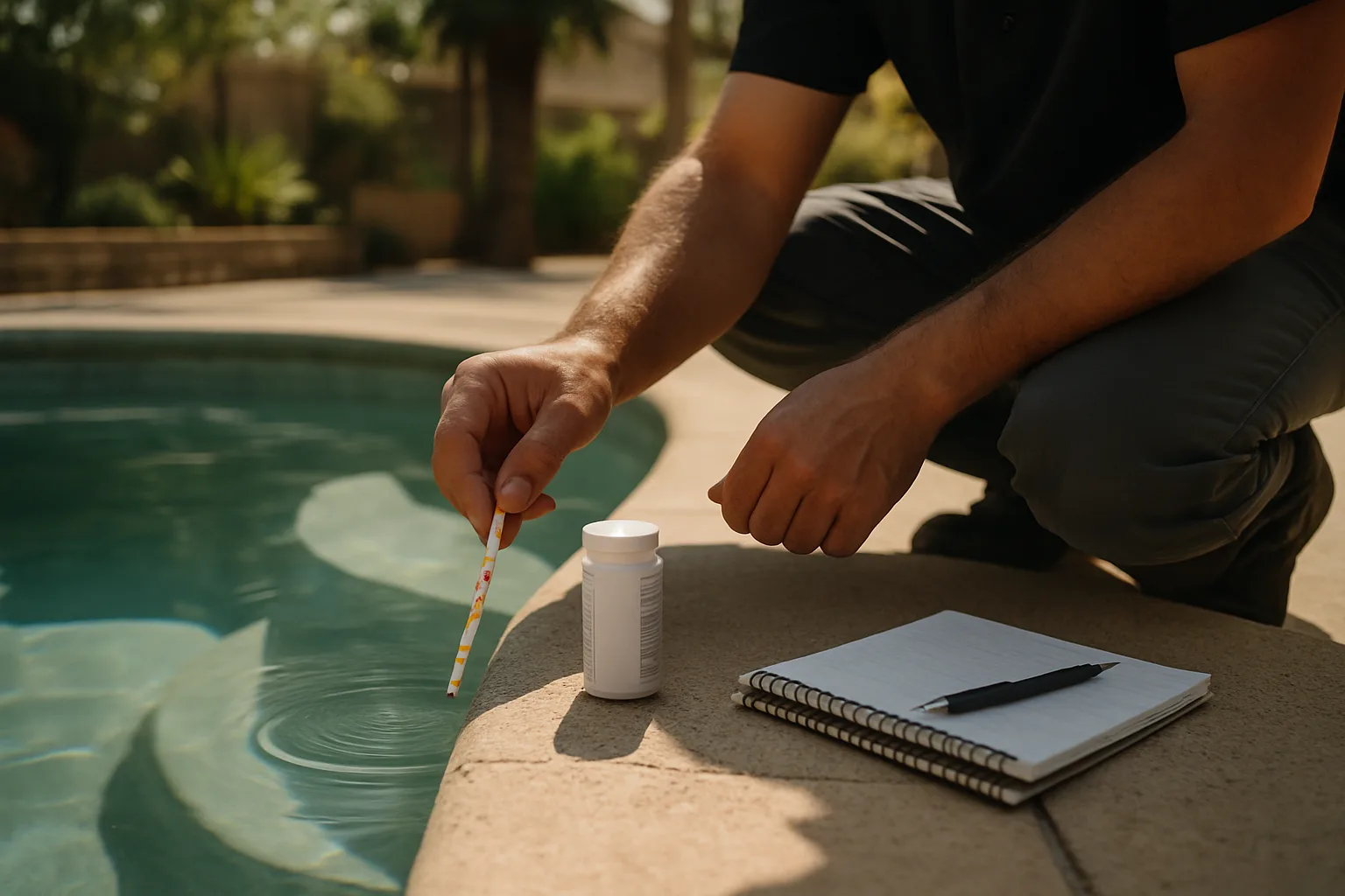 Illustrates the dedicated, systematic approach to spa chemistry testing that the surrounding copy describes as distinct 