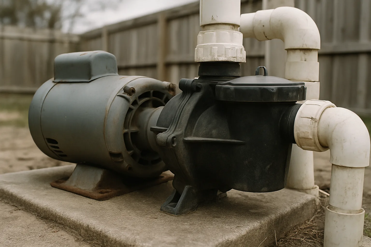 Illustrates the outdated single-speed pump that California Title 20 targets for replacement, giving visual context to th